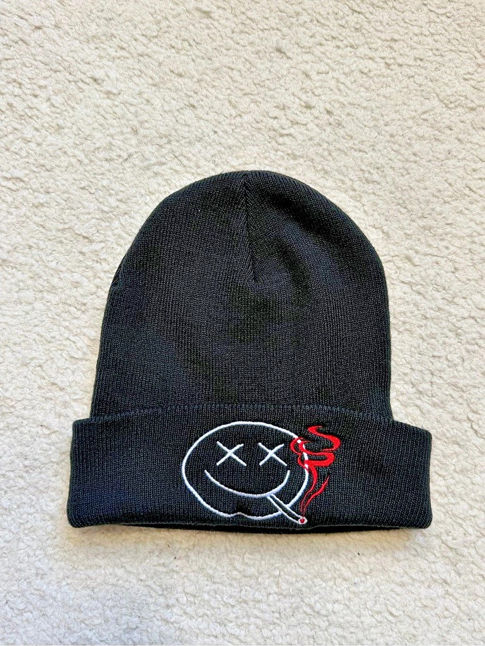 Smiley Face Smoking Beanie Hat Black